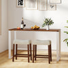 Upholstered counter height bar stools with curved saddle seats in brown, perfect for kitchen or bar use.