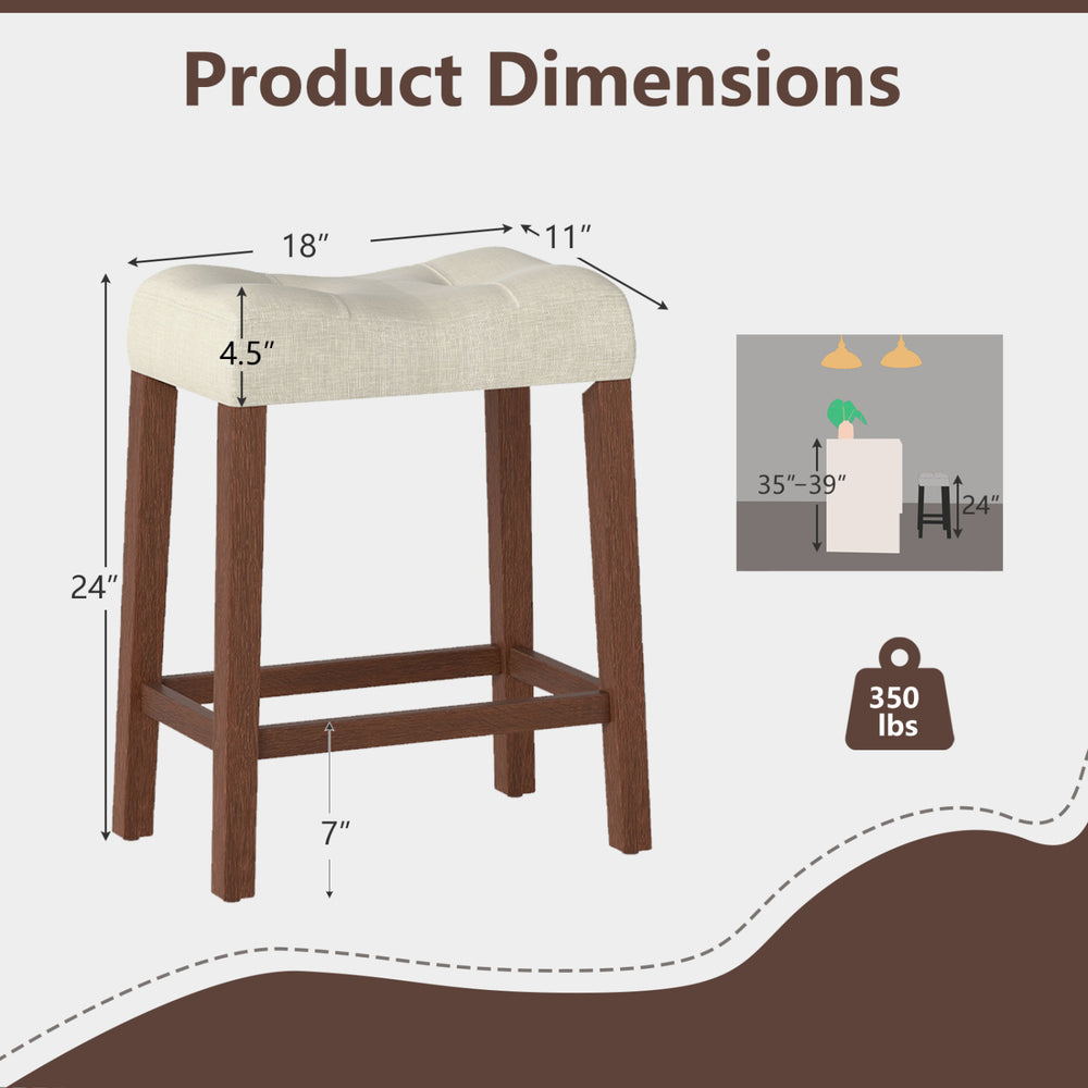 Upholstered counter height bar stool with curved saddle seat, brown rubber wood frame, dimensions 24" height, 350 lbs.