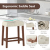 Curved saddle-seat bar stool with 4.5" thick cushion, brown rubber wood frame, ideal for kitchen or bar use.