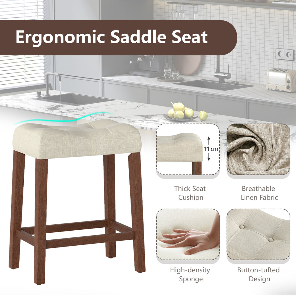 Curved saddle-seat bar stool with thick cushion, brown rubber wood frame, ideal for kitchen or living room use.