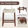Upholstered counter height bar stool with curved saddle seat, brown rubber wood frame, non-slip foot pads for stability.