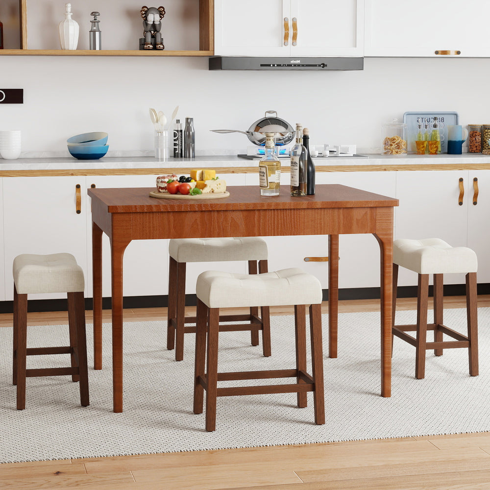 Counter height bar stools with curved saddle seats, brown upholstery, perfect for kitchen or living room use.