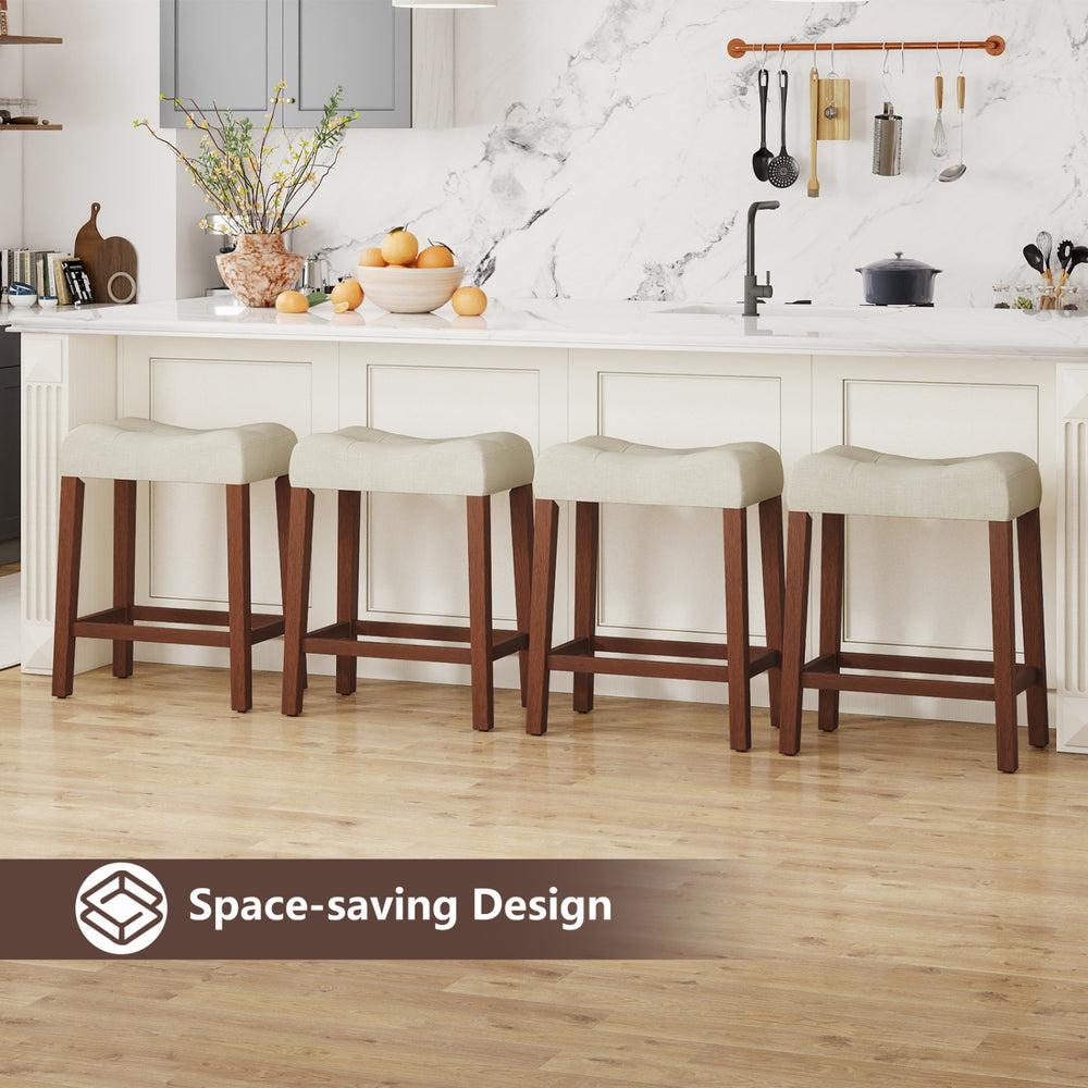 Set of 2 upholstered counter height bar stools with curved saddle-seat in brown, perfect for kitchen or bar use.