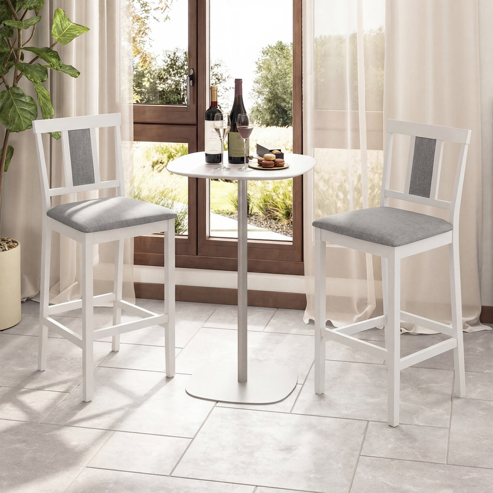 Set of 2 white upholstered barstools with solid rubber wood frame, ideal for kitchens and dining areas.