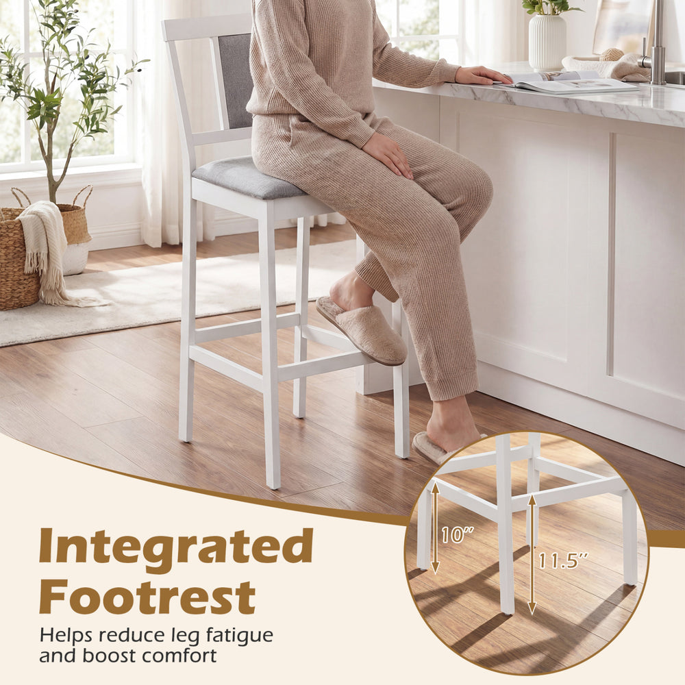 Upholstered barstool with integrated footrest, solid rubber wood frame, 29.5-inch height, ideal for kitchen or dining.