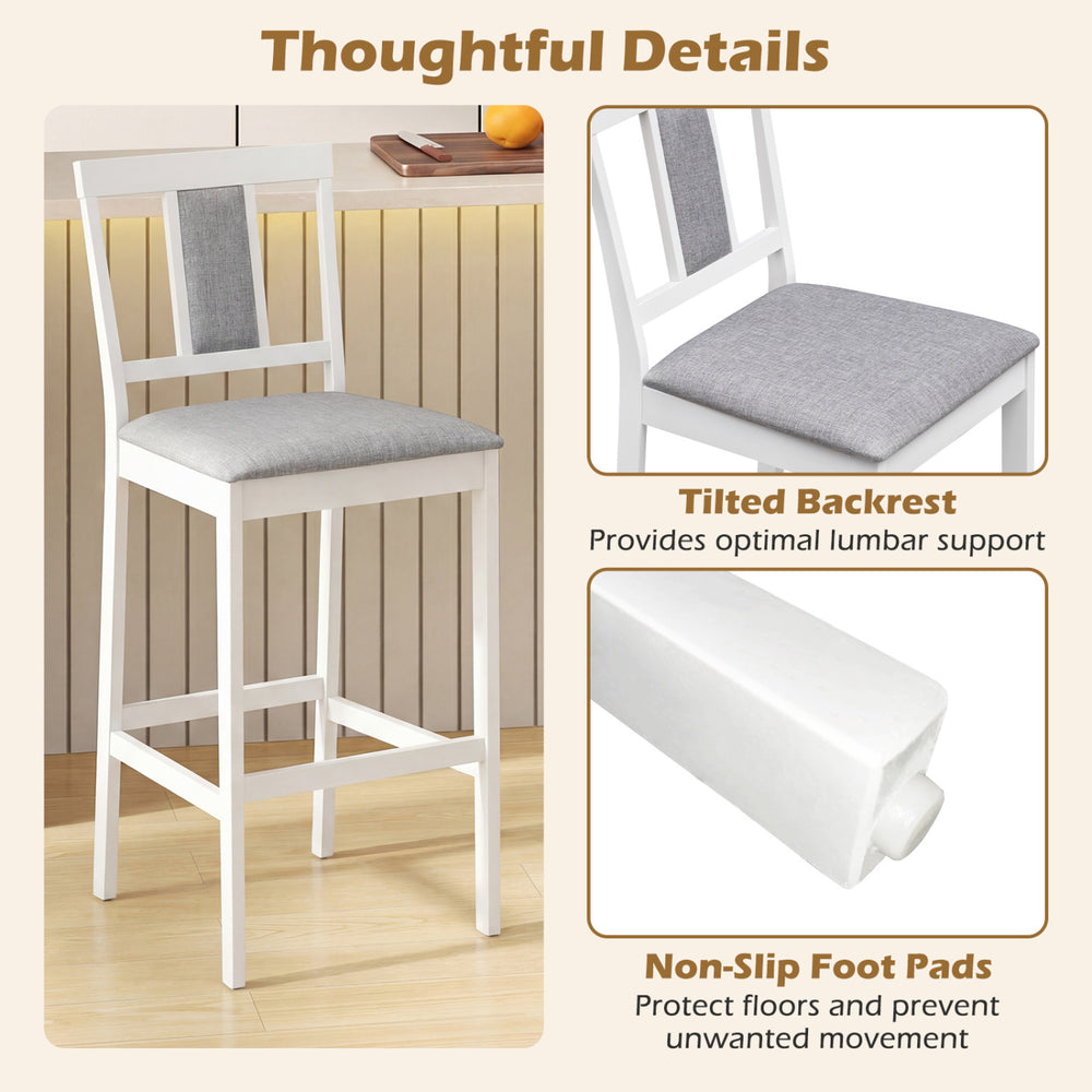 Upholstered barstool set with tilted backrest and non-slip foot pads, crafted from solid rubber wood for kitchen use.