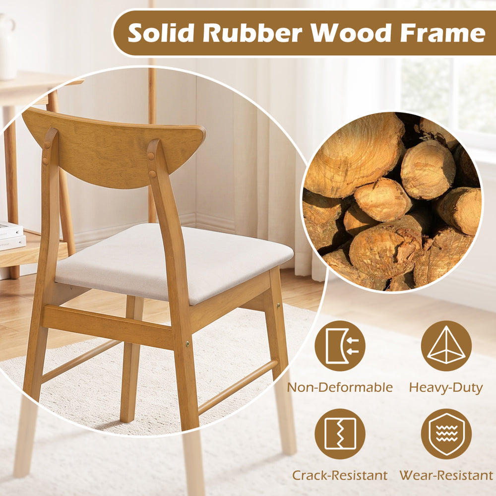 Upholstered dining chair with a curved backrest and solid rubber wood frame, perfect for kitchen or dining room use.
