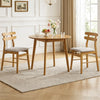 Two modern upholstered dining chairs in natural wood with beige fabric, designed for comfort and style in dining spaces.