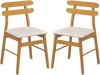 Set of 2 upholstered dining chairs in natural wood with beige fabric, featuring ergonomic backrests for comfort.
