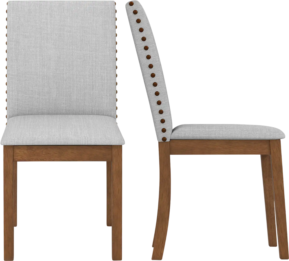 Upholstered dining chair set with padded seat, walnut frame, and decorative nailhead trim for elegant living room decor.