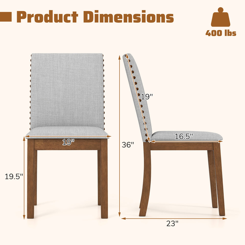Upholstered dining chair dimensions with walnut frame, featuring nailhead trim and ergonomic high backrest for comfort.