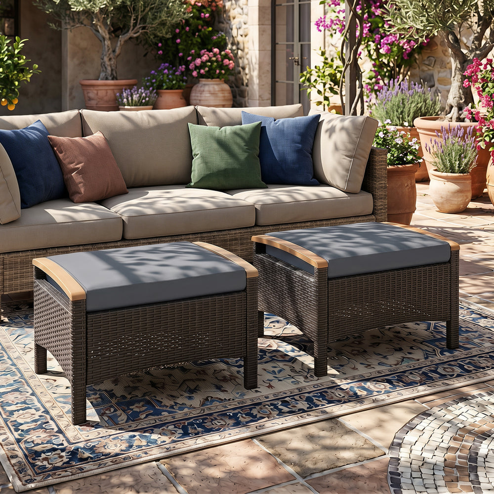 Set of 2 Wicker Patio Ottoman Fade-Resistant Foot Rest with Cushion-Gray - Gallery View 1 of 10