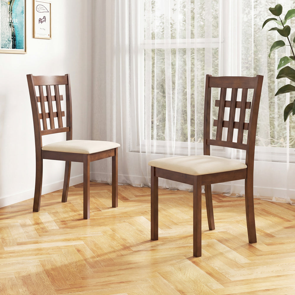 Set of 2 coffee wood kitchen chairs with faux leather seats, featuring ergonomic backrests for comfort in any dining.