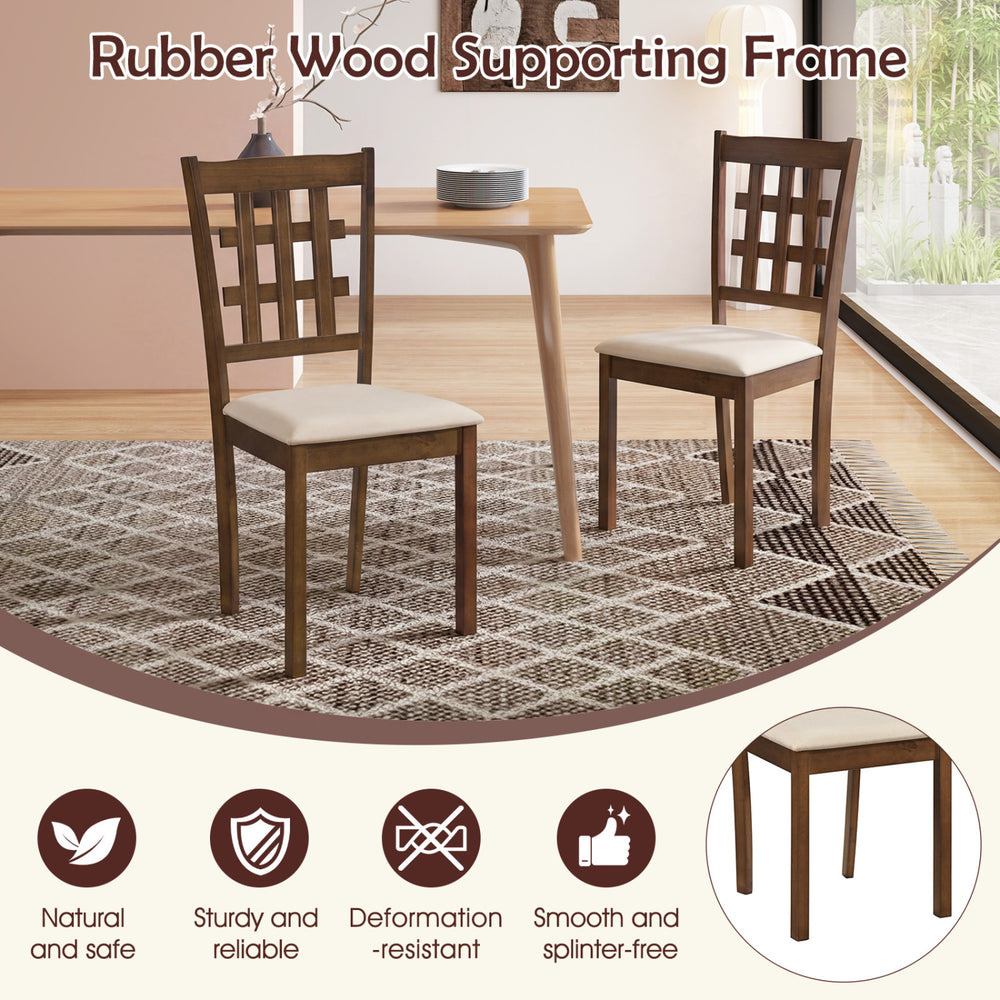Set of 2 wood kitchen chairs with faux leather seats, featuring a rubber wood frame and ergonomic backrest for comfort.