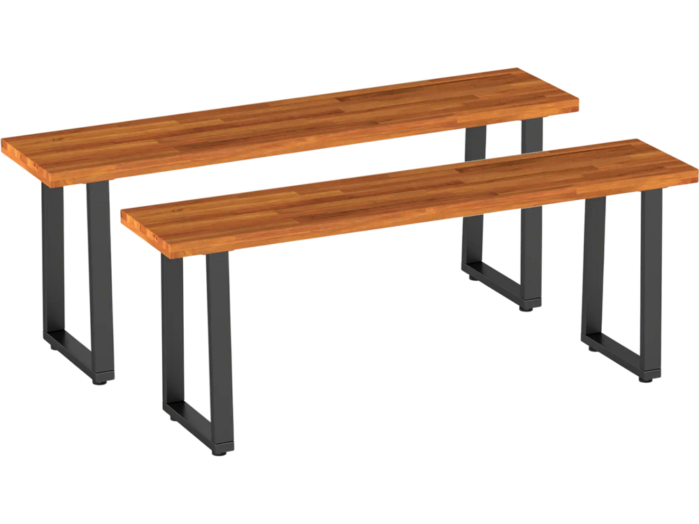 Set of 2 acacia wood patio benches with U-shaped metal legs, ideal for dining or entryway use.