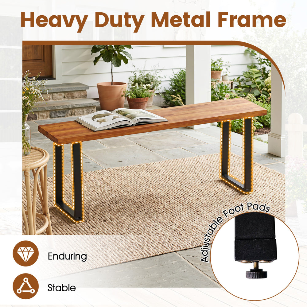 Wood patio bench with a heavy-duty metal frame and adjustable foot pads, ideal for entryway or poolside dining.