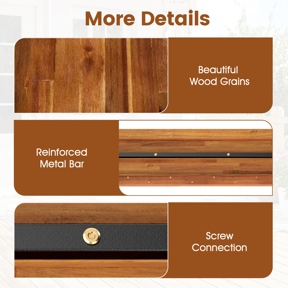 Close-up of the acacia wood grain and reinforced metal bar of the 47.5" patio dining bench for outdoor use.