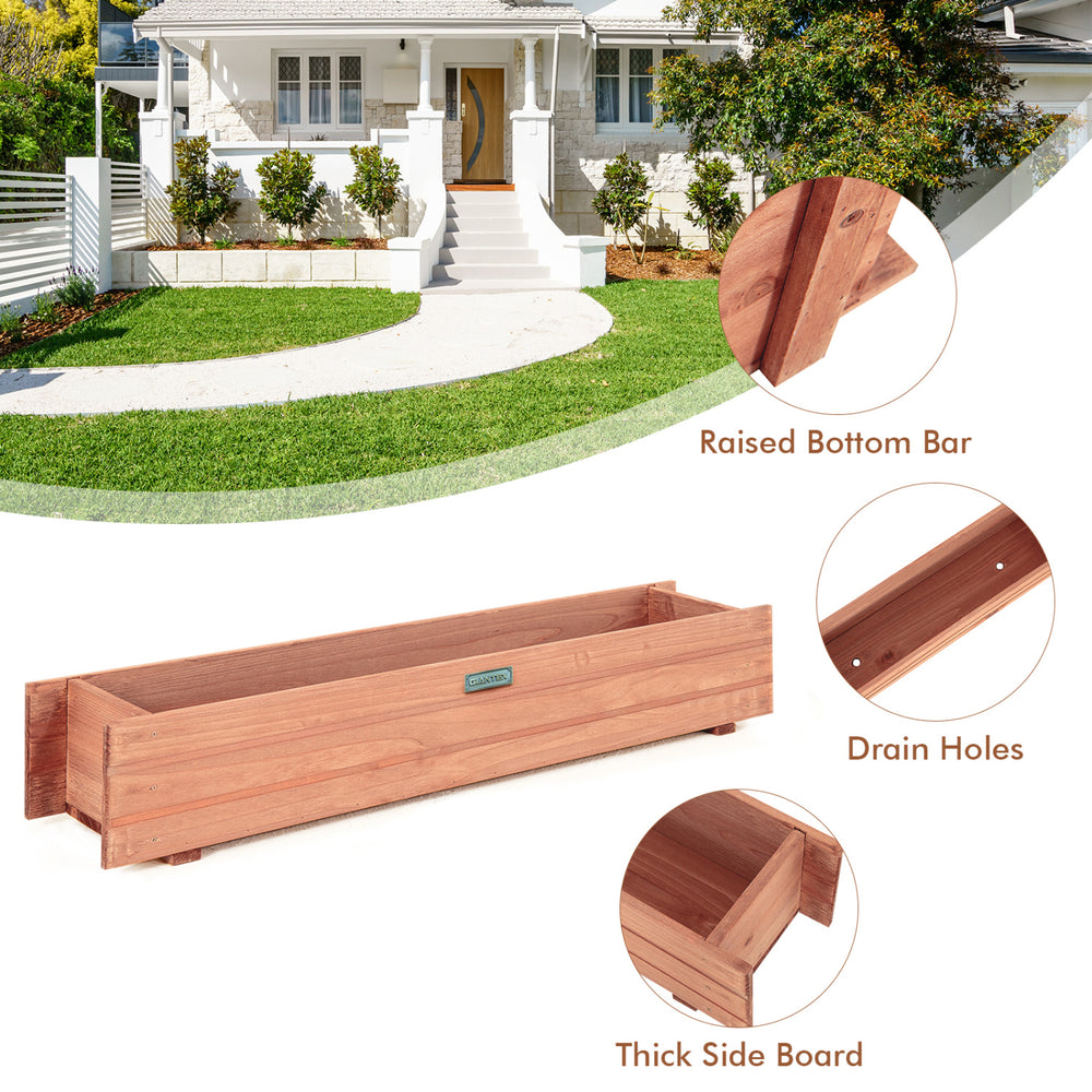 Long and narrow brown wooden decorative raised garden bed with drainage holes, perfect for indoor or outdoor use.