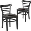 Set of 2 black wooden dining chairs with rubber wood legs and PU leather cushions, perfect for restaurants and cafes.