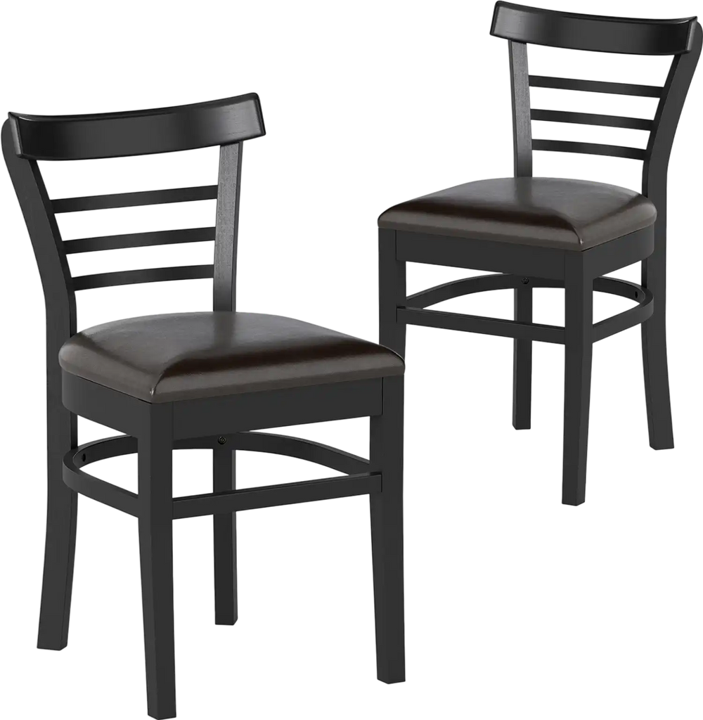 Set of 2 black wooden dining chairs with rubber wood legs and PU leather cushions, perfect for restaurants and cafes.