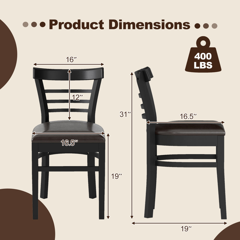 Dimensions of a black wooden dining chair with rubber wood legs, supporting up to 400 lbs, ideal for restaurants and.