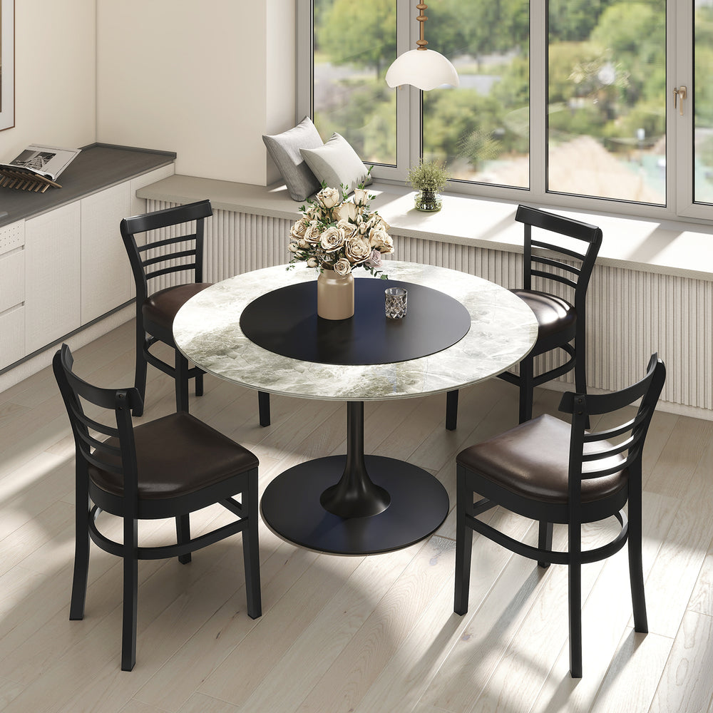 Set of two black wooden dining chairs with rubber wood legs, featuring PU leather cushions for comfort in a stylish.