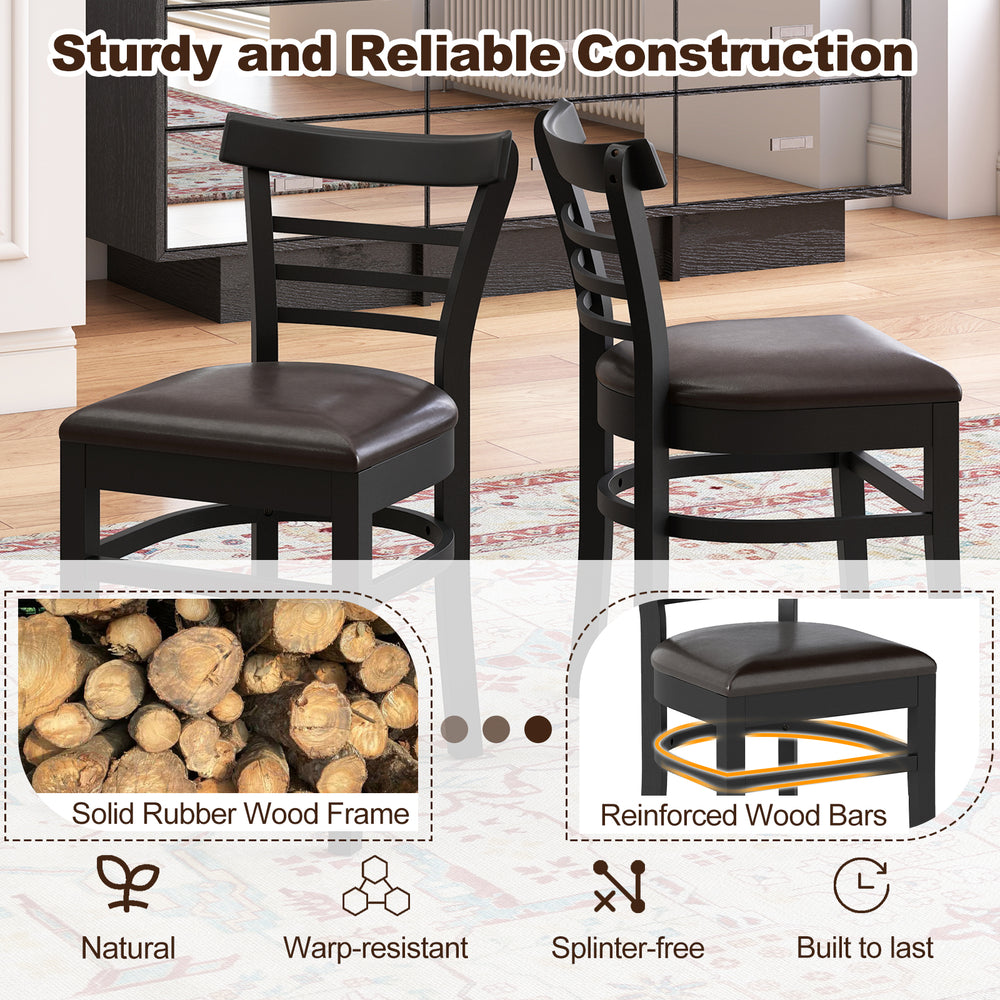 Set of 2 black wooden dining chairs with rubber wood legs, featuring smooth surfaces and reinforced bars for durability.