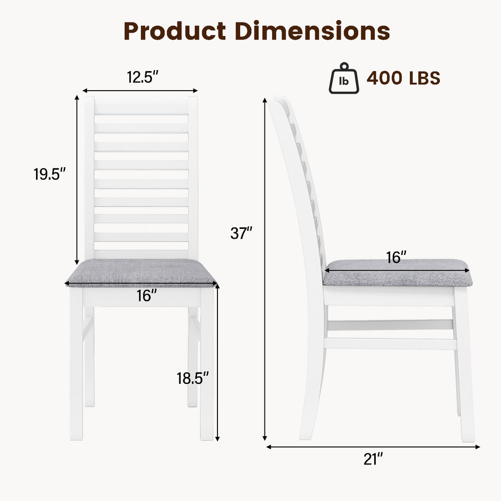 Side view of a white wooden dining chair with rubber wood legs, featuring a padded seat and ladder back design, for.