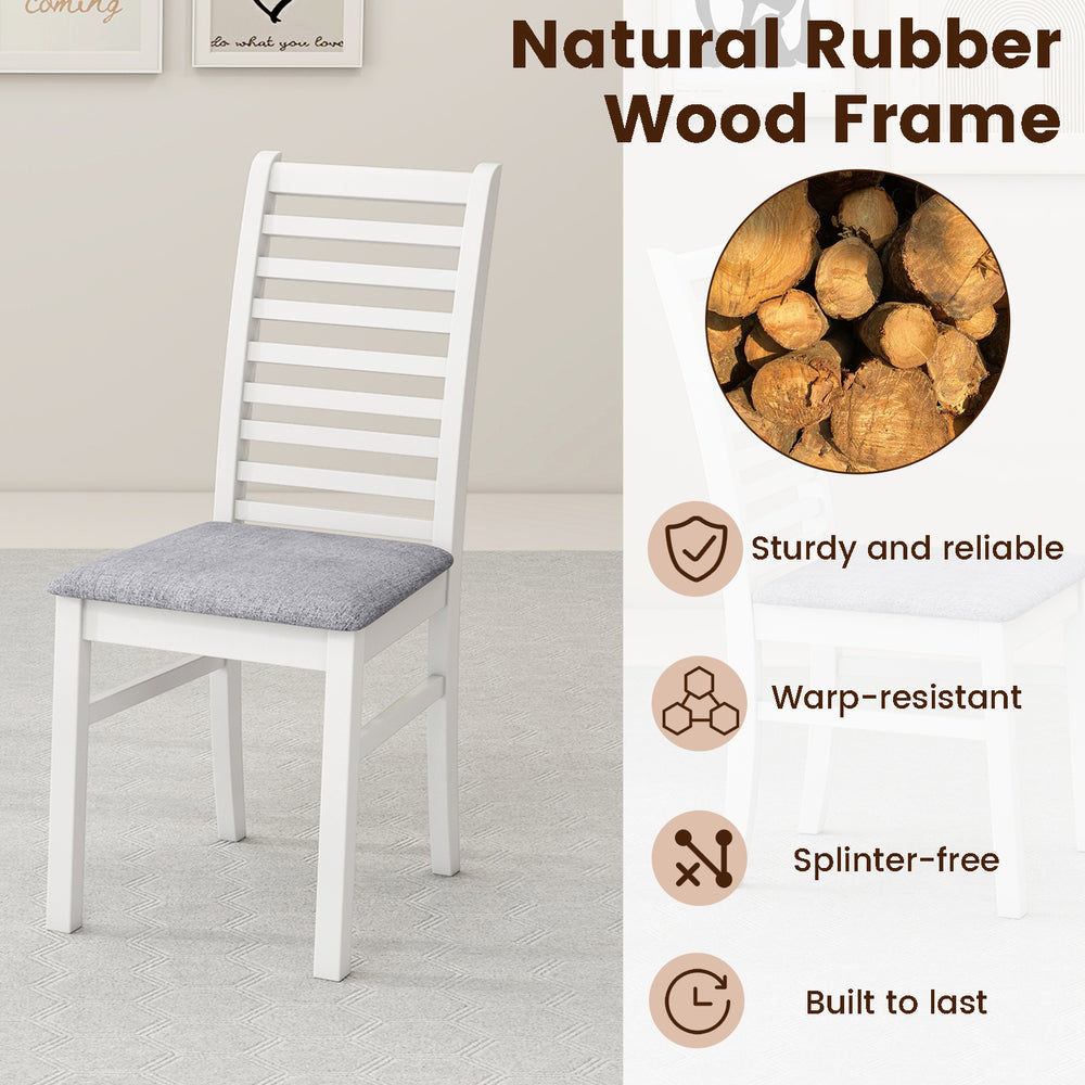 White wooden dining chair with rubber wood legs, padded seat, and ladder back design for comfort and style in any.