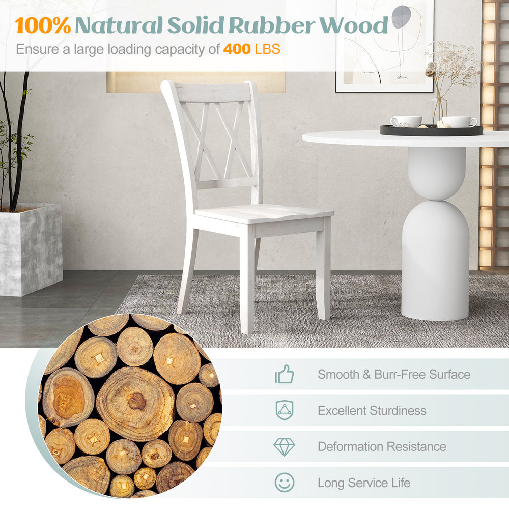 White wooden dining chair with high backrest and double X-shaped design, perfect for farmhouse-style kitchens.