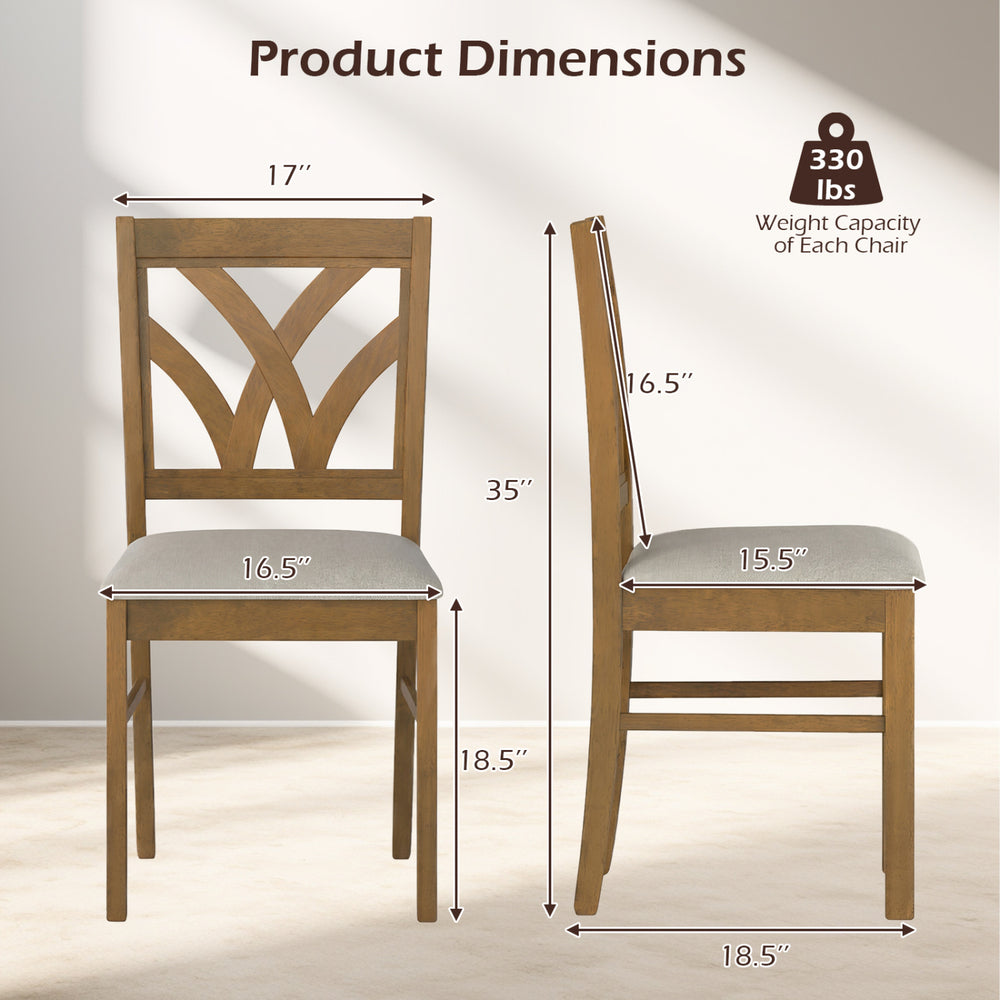 Side view of a wooden dining chair with hollowed backrest, oak finish, dimensions 35" height, 17" width, suitable for.