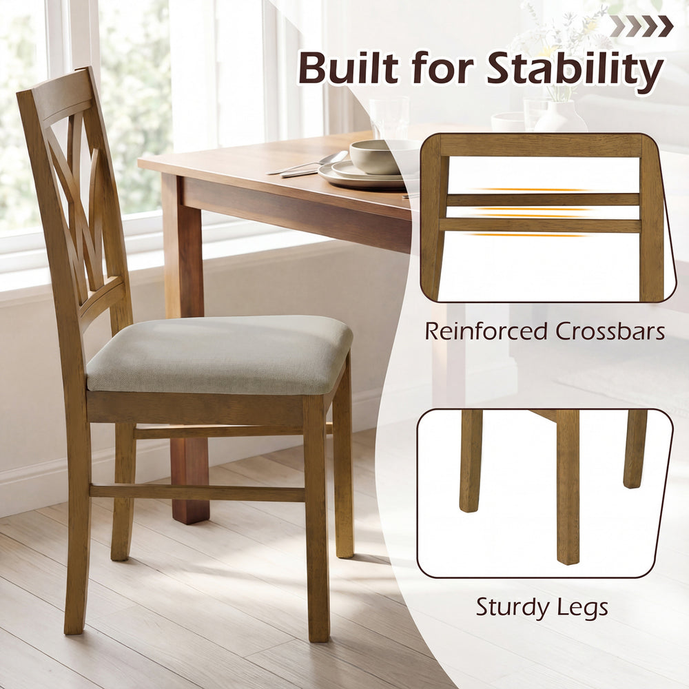 Wooden dining chair with upholstered padded seat and hollowed backrest, featuring reinforced crossbars for stability.