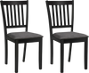 Set of 2 black wooden dining chairs with padded seats and rubber wood frame, ideal for kitchens and dining rooms.