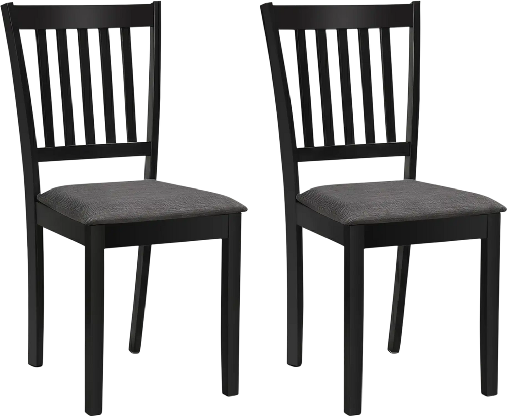 Set of 2 black wooden dining chairs with padded seats and rubber wood frame, ideal for kitchens and dining rooms.