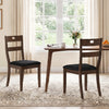 Set of 2 walnut wooden dining chairs with padded seats and ergonomic backrests, ideal for dining rooms and kitchens.
