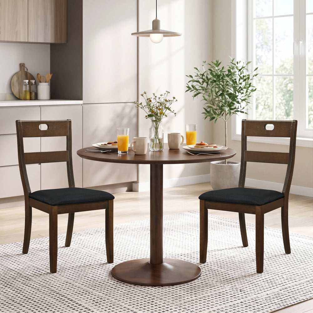 Set of 2 wooden dining chairs with padded seats, walnut rubber wood frame, perfect for dining rooms and kitchens.