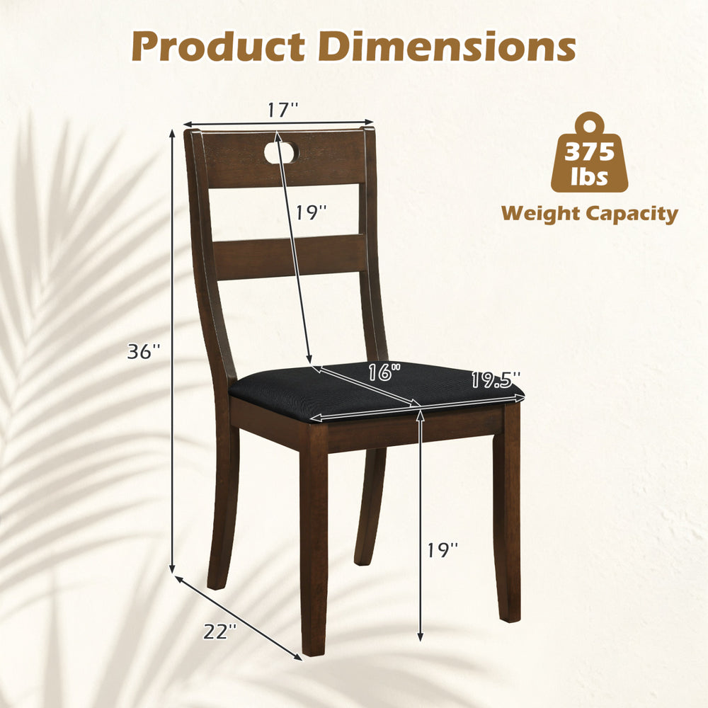 Wooden dining chair with padded seat, rubber wood frame, and ergonomic backrest, supporting up to 375 lbs for comfort.