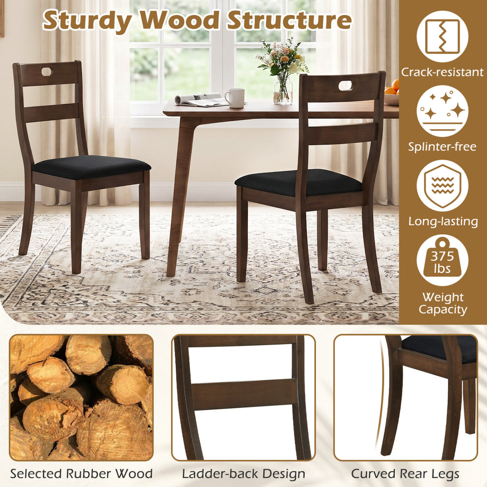 Set of 2 walnut wooden dining chairs with padded seats, ergonomic backrest, and sturdy rubber wood frame for comfort.