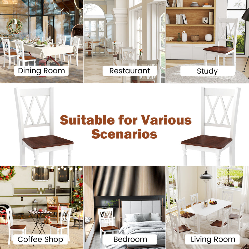 Set of 2 wooden farmhouse kitchen chairs with rubber wood seats, ideal for dining rooms and cafes.
