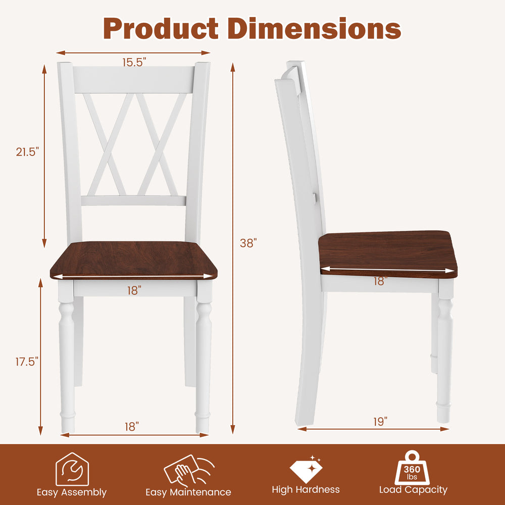 Dimensions of a wooden farmhouse kitchen chair with rubber wood seat, featuring a curved backrest and anti-slip.