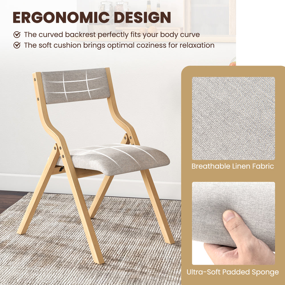 Wooden folding dining chair with padded linen seat, ergonomic design, ideal for compact spaces and cozy relaxation.