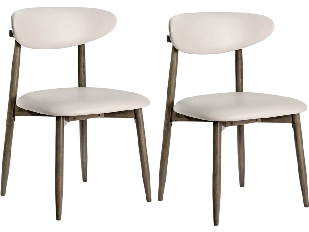 Single beige upholstered dining chair with curved backrest and rubber wood frame, ideal for cozy dining spaces.