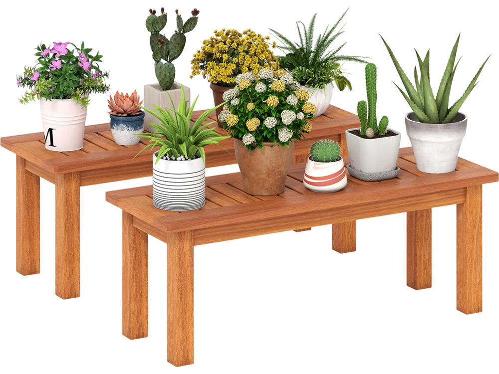 Set of 2 wooden plant stands in brown finish, perfect for displaying potted plants indoors or outdoors.