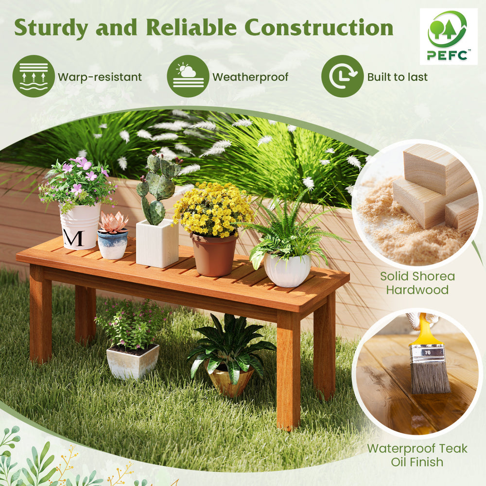 Wooden plant stand made of solid wood with waterproof teak oil finish, ideal for displaying potted plants outdoors or indoors.