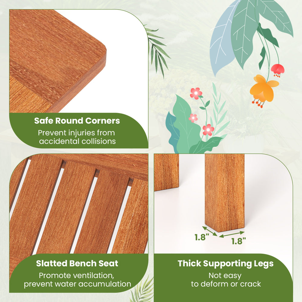 Close-up of the slatted bench seat of a solid wood plant stand, showcasing its weatherproof finish for indoor and outdoor use.