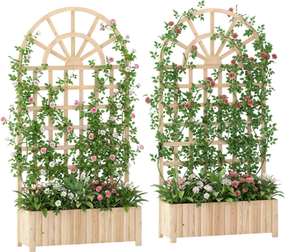 Costway Set of 2 Wooden Raised Garden Bed Planter Box with Trellis Privacy Screen 71