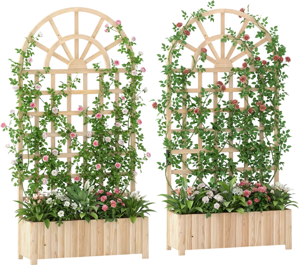 Set of 2 wooden raised garden beds with trellis for climbing plants, featuring a natural finish and spacious planter.