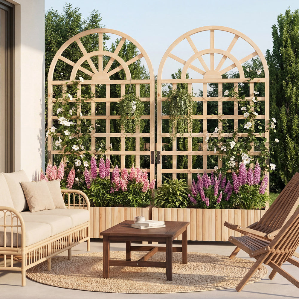 Set of 2 Wooden Raised Garden Bed with Trellis 71" Outdoor Planter Box Privacy Screen-Natural - Gallery View 1 of 9