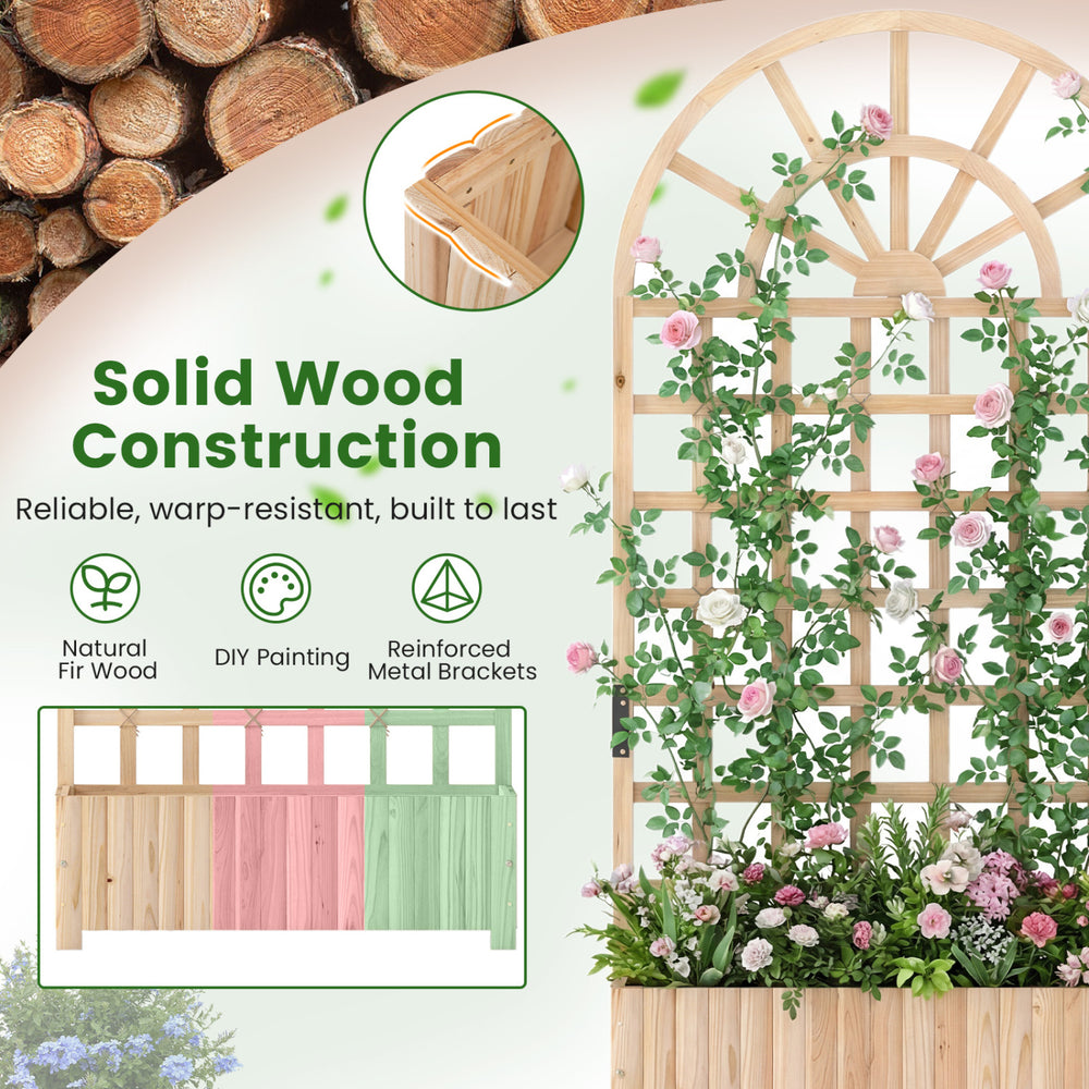 Wooden raised garden bed with trellis, solid fir wood, DIY painting, ideal for outdoor planting and vertical gardening.