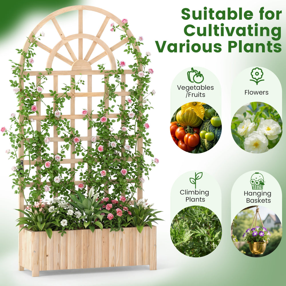 Wooden raised garden bed with trellis for climbing plants, featuring a natural finish and spacious design for outdoor.